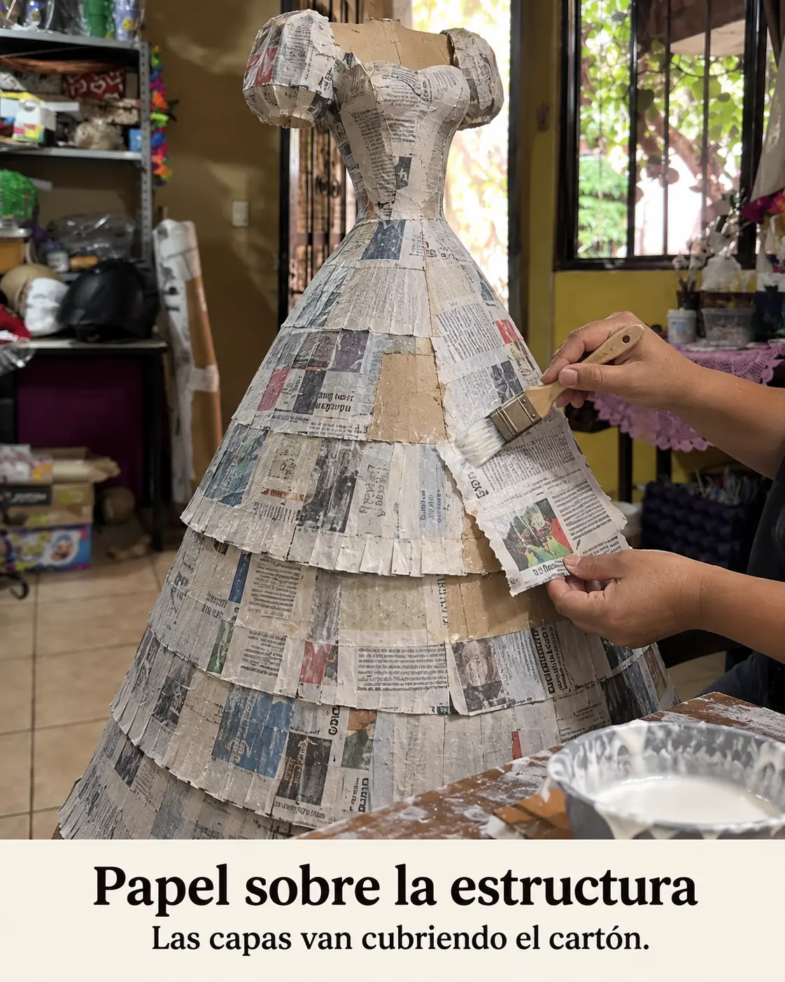 Manos pegando papel sobre la estructura de cartón de la catrina