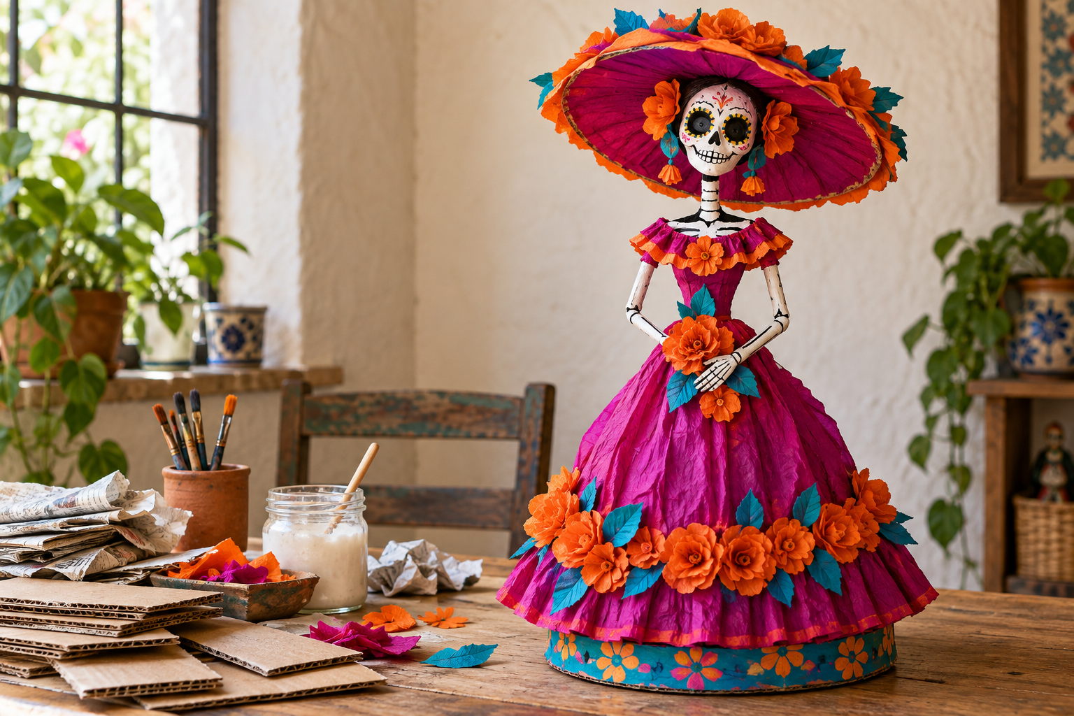 Catrina rosa completa junto a cartón, papel, pinceles y materiales artesanales