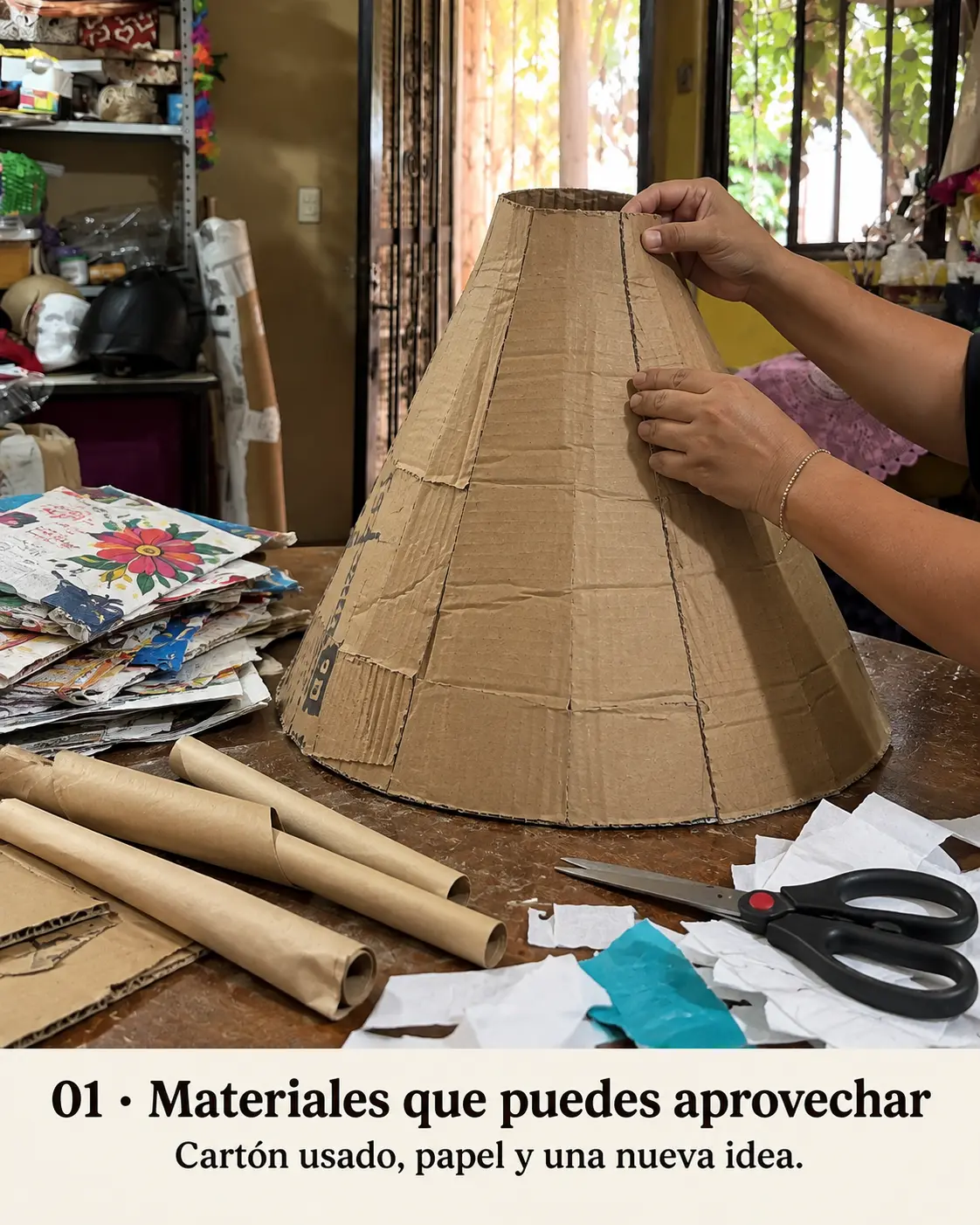 Materiales reciclados de cartón, papel y periódico para crear una catrina artesanal