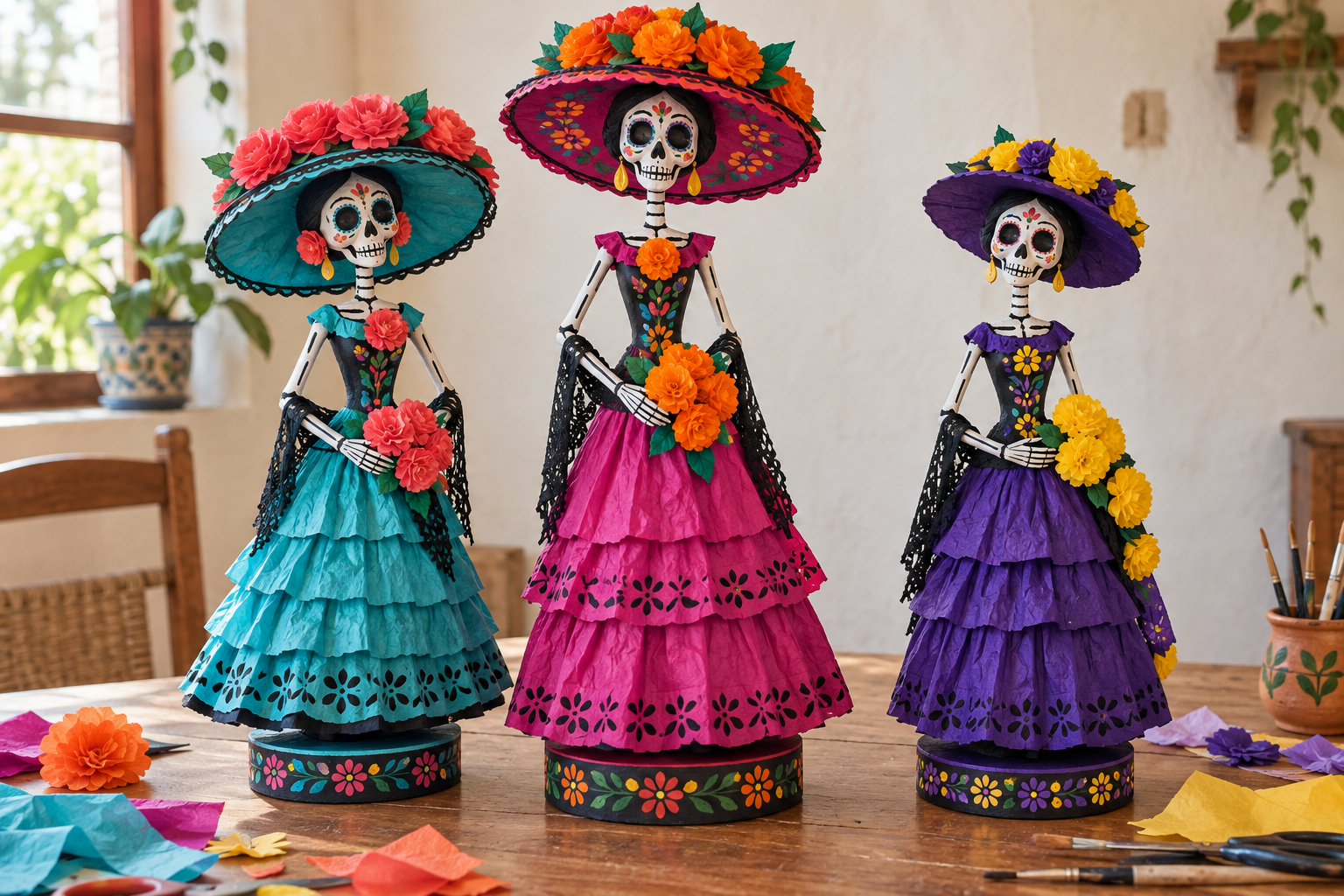 Tres catrinas completas en turquesa, rosa y morado con diferentes flores y acabados